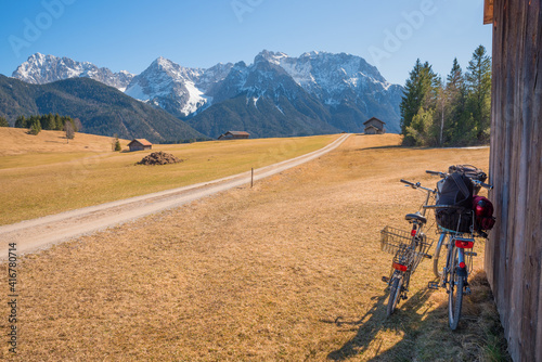 bike trip in march, Buckelwiesen landscape with mountain view karwendel alps photo