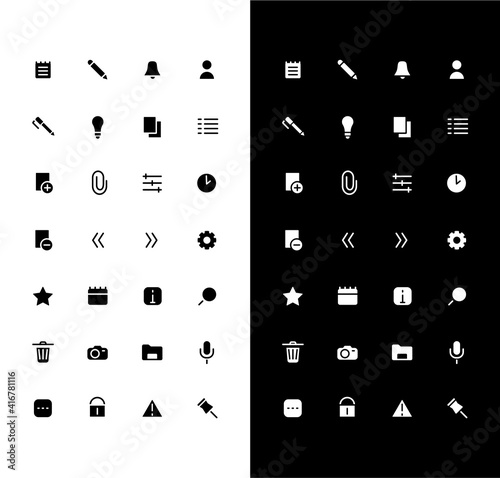 Notes glyph icons set for night and day mode. Add image file. Personal diary. Mobile UI interface. Phone menu element. Silhouette symbols for light, dark theme. Vector isolated illustration bundle