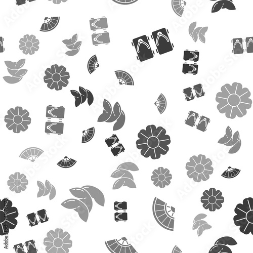 Set Geta traditional Japanese shoes, Paper chinese or japanese folding fan, Flower and Chinese fortune cookie on seamless pattern. Vector.