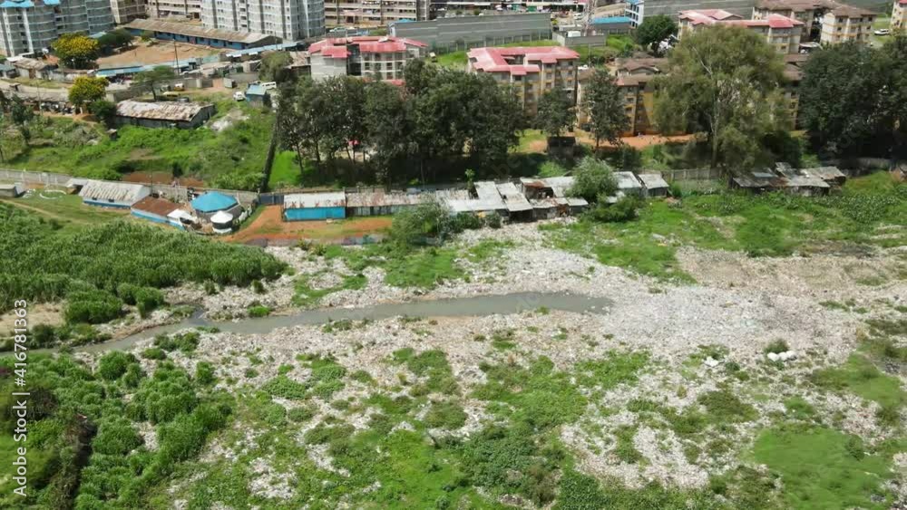 drone inspecting the dam covered by water hyacinth in Nairobi kenya