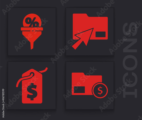 Set Envelope with coin dollar, Lead management, Cursor click document folder and Price tag with dollar icon. Vector.