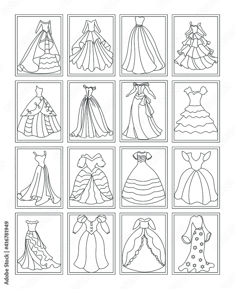 Pack of Princess Dress Coloring Pages Stock Vector   Adobe Stock