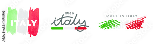 Set of Italian logos and flags isolated on white background, made in Italy. Italian products, premium quality, Italian tricolor.