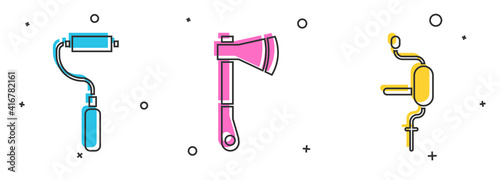 Set Paint roller brush, Wooden axe and Hand drill icon. Vector.
