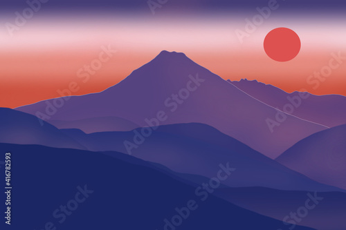 Illustration of a volcanic sunset, mountains, the Ecuadorian Andes 