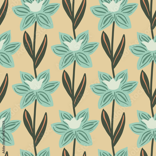 Nature vintage seamless pattern with blue contoured simple flower silhouettes. Beige background.