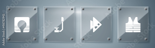 Set Life jacket, Fish, Snorkel and . Square glass panels. Vector.