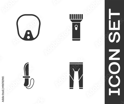 Set Wetsuit, Diving mask, Knife and Flashlight icon. Vector.