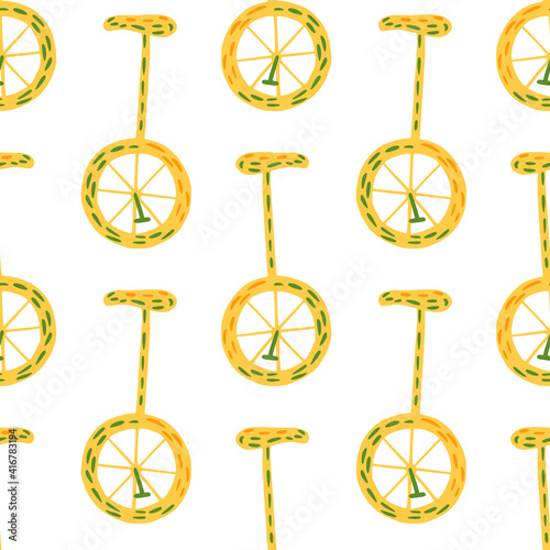 Isolated seamless pattern with bright yellow bicycle elements. White background. Circus backdrop.