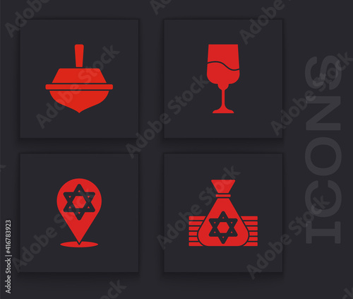 Set Jewish money bag, Hanukkah dreidel, goblet and Star of David icon. Vector.