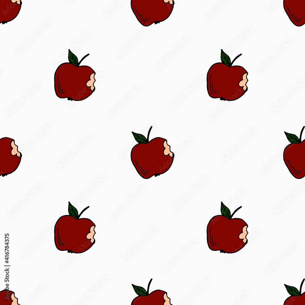 pattern. bitten red apple on a white background. doodle. hand drawing.