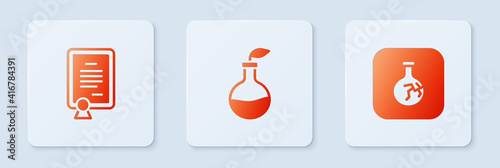 Set Plant breeding, Certificate template and Cracked flask. White square button. Vector.