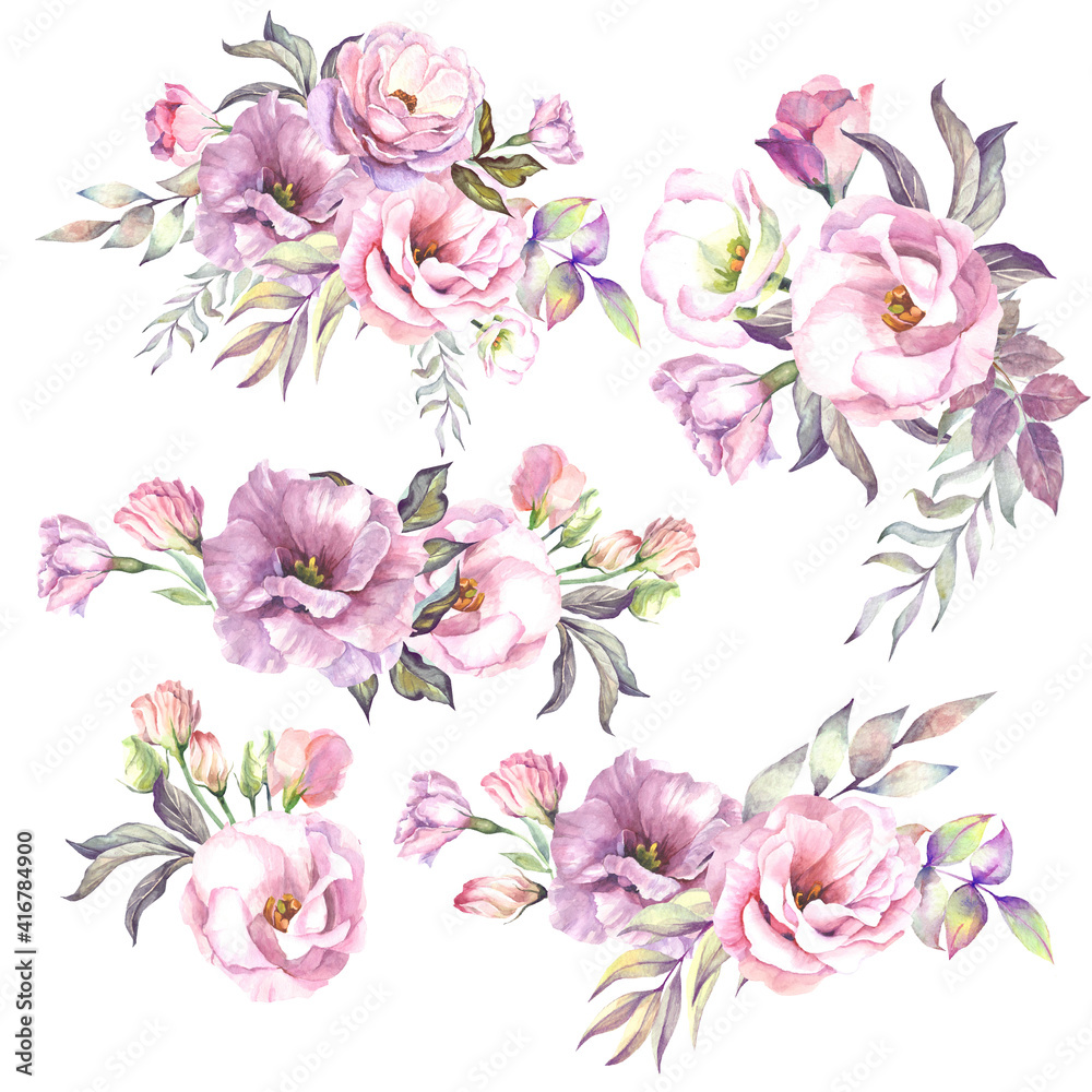 set of pink flowers.watercolor