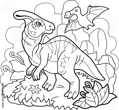 cartoon cute dinosaur parasaurolophus, coloring book, funny illustration