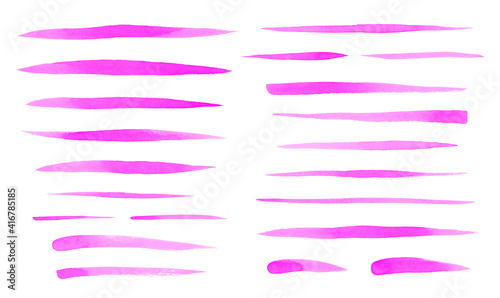 Fuchsia pink watercolor brush strokes set. Uneven lines, stripes, underlines, doodle streaks, fusiform smears, paintbrush. Hand drawn watercolour design elements, text backgrounds, brushstrokes. photo