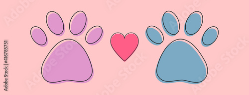 cat and dog pet paw footprint love logo with line art. Vector illustration. Concept for pet shop, pet clinic, animal care, adoption, dog and cat products.