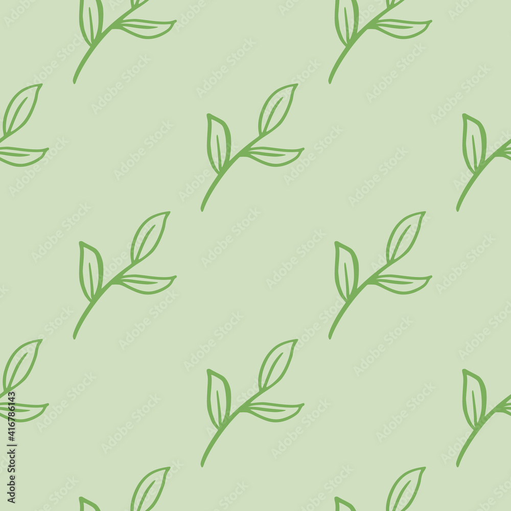 Minimalistic style seamless pattern with green contoured leaves branches shapes. Light background.
