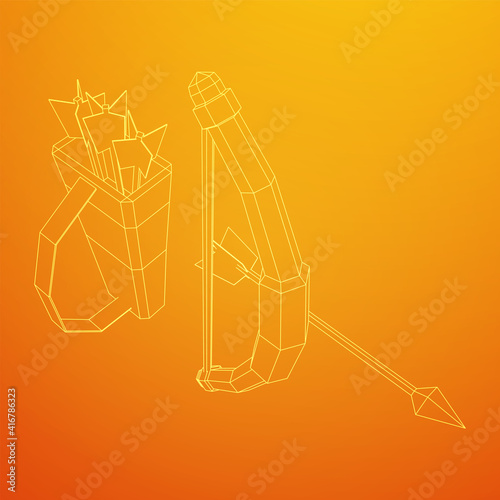 Medieval Bow and arrow archer weapon. Wireframe low poly mesh vector illustration.