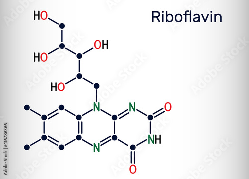 Riboflavin, vitamin B2 molecule.  It is water-soluble flavin, is found in food, used as a dietary supplement E101.  Skeletal chemical formula