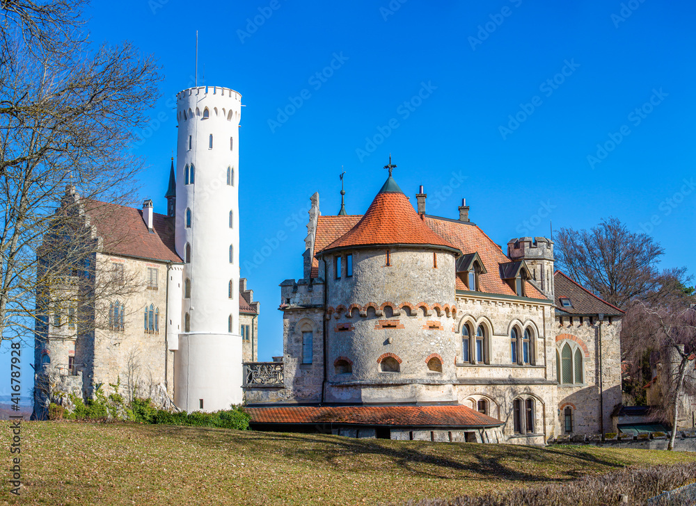 back view of the castle Lichtenstein with tower