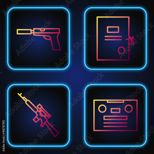 Set line Retro audio cassette tape, Sniper rifle with scope, Pistol or gun with silencer and Lawsuit paper. Gradient color icons. Vector.