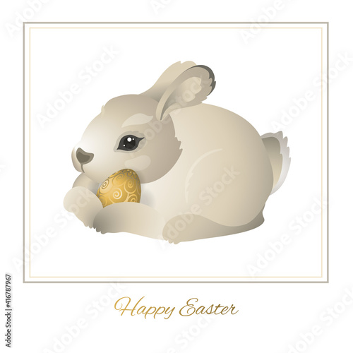 Beautiful Happy Easter card with rabbit and golden egg . Spring holidays in April. Gift. Egg hunt Sunday. Vector background. Element for celebratory design. 