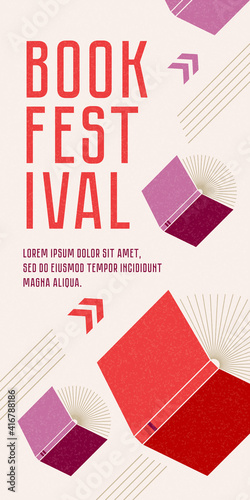 Book festival. Vertical banner or poster. Open books flying with arrows. Concept. Vector minimalist background with textures. Design template for a library, bookstore. Striving for success.