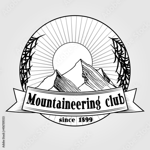 Mountaineering club on a banner with mountains and trees in the background, outdoor adventure, camping, vector illustration