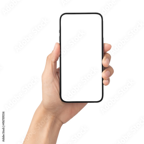 Man hand holding the black smartphone with blank screen isolated on white background with clipping path, Can use mock-up for your application or website design project.