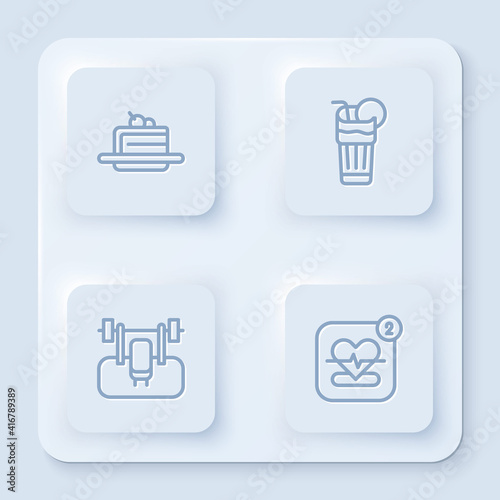 Set line Cake, Fresh smoothie, Bench with barbel and Mobile heart rate. White square button. Vector.