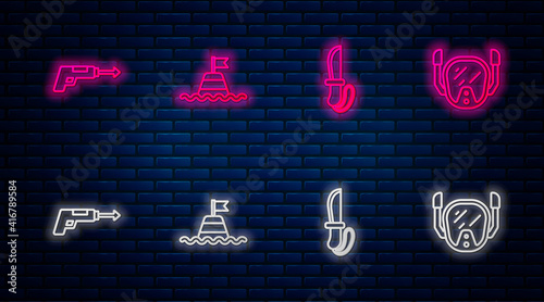 Set line Floating buoy on the sea, Knife, Fishing harpoon and Diving mask. Glowing neon icon on brick wall. Vector.