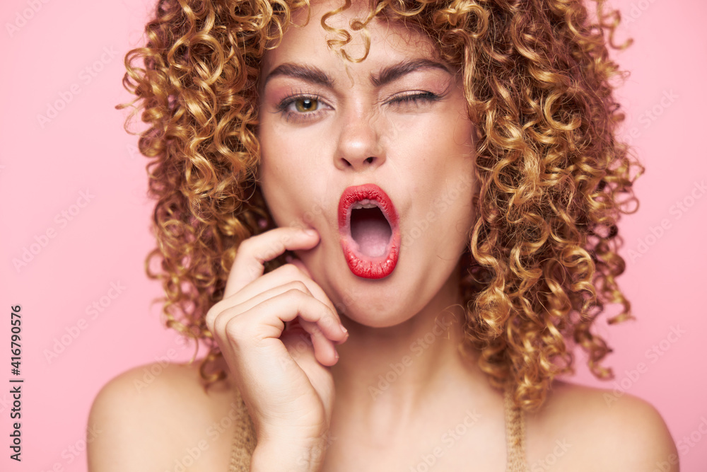 Woman portrait Curly hair red lips close-up sequin shirt Woman portrait Curly hair red lips close-up sequin shirt