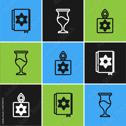 Set line Jewish torah book, Burning candle and goblet icon. Vector.