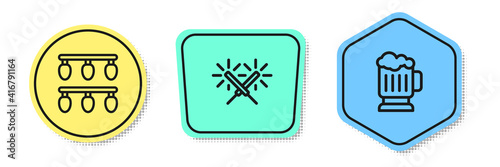 Set line Christmas lights, Sparkler firework and Wooden beer mug. Colored shapes. Vector.