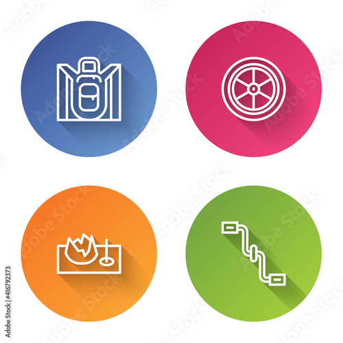 Set line Hiking backpack, Bicycle wheel, on street ramp and pedals. Color circle button. Vector.