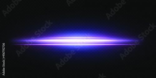 Blue horizontal lens flares pack. Laser beams, horizontal light rays.Beautiful light flares. Glowing streaks on dark background.  Collection effect light blue line png.
