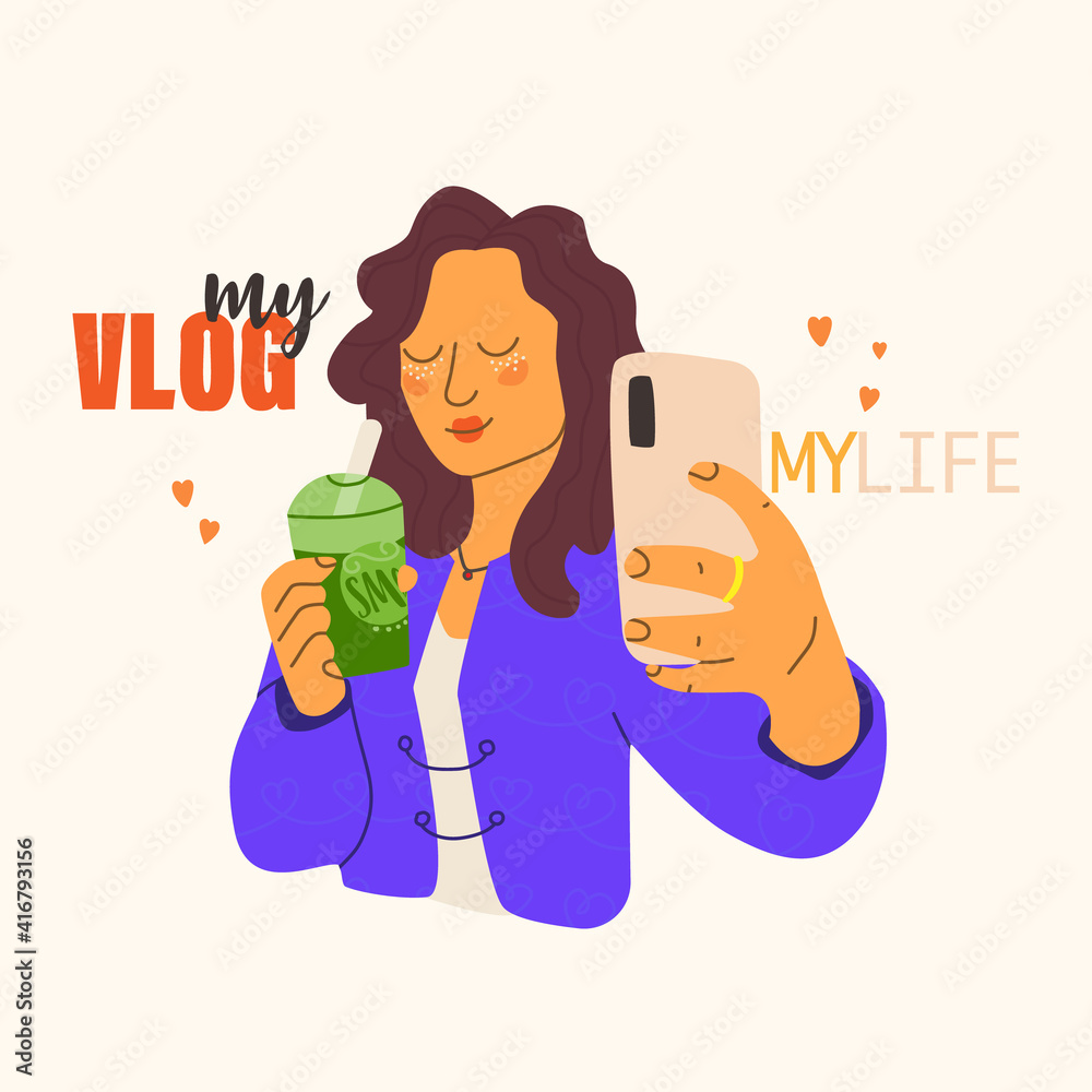 Cute girl blogger takes a selfie. Young woman making content for her vlog. Vector flat illustration. Cute girl blogger takes a selfie. Young woman making content for her vlog. Vector flat illustration.