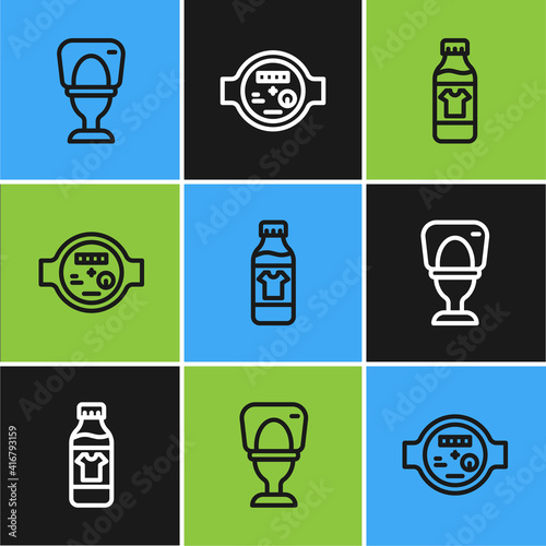 Set line Toilet bowl, Bottle for cleaning agent and Water meter icon. Vector.