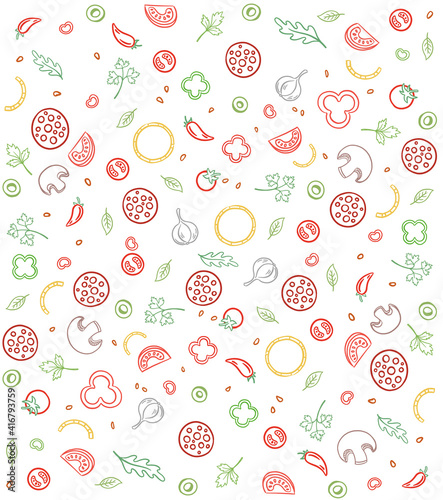 Pizza ingredients. Seamless pattern background. Sketch hand drawn color line illustration. Fast food.