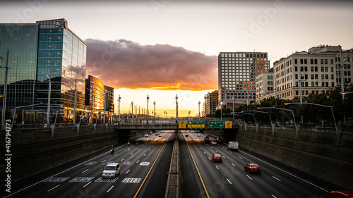 traffic sunset in the city photo