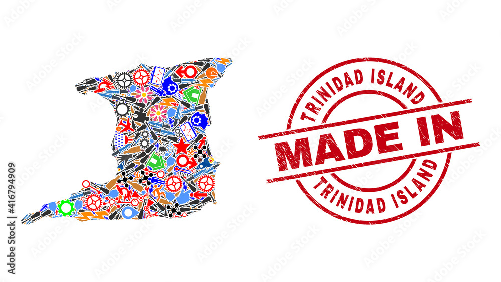 Obraz premium Education Trinidad Island map mosaic and MADE IN distress rubber stamp. Trinidad Island map mosaic formed with wrenches, wheels, instruments, components, cars, power sparks, rockets.