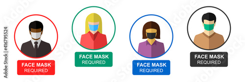 Ethnically diverse people wearing face mask because it is required as a sign or icon set concept. Multiracial men and women in flat design, isolated on white background.
