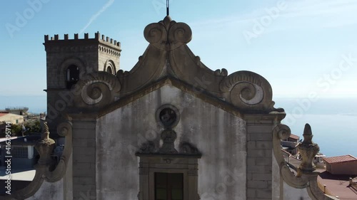 View from the ascending drone of the Cathedral Santa Maria Assunta di Forza DAgro in the province of Messina in Sicily