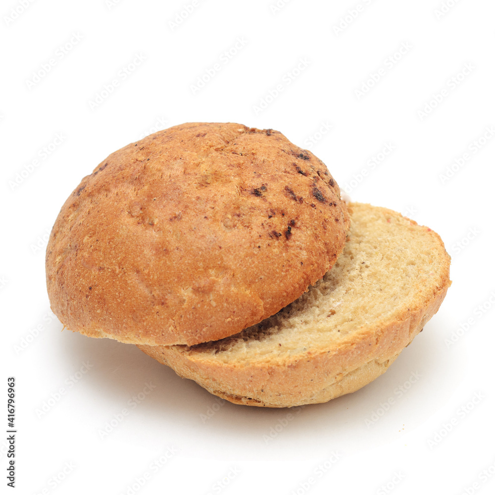 Offset the two halves of burger bun with flax isolated on white background.