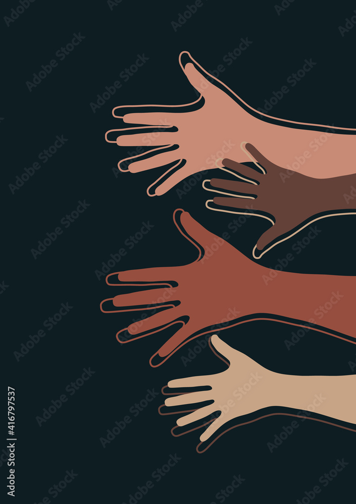 Raised hands, open palms. The concept of charity, volunteering, love, kindness, equality, racial and social issues. Vector illustration Raised hands, open palms. The concept of charity, volunteering, love, kindness, equality, racial and social issues. Vector illustration