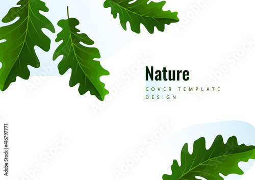 Creative green oak leaves on a light background. Template for your design. Vector