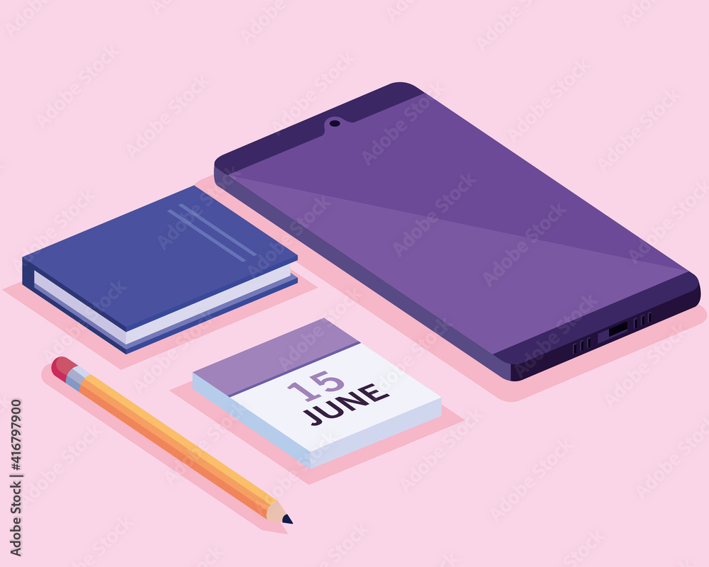 tablet with calendar and book isometric workspace set icons vector illustration design tablet with calendar and book isometric workspace set icons vector illustration design