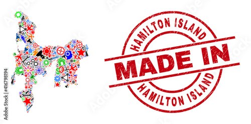Service mosaic Hamilton Island map and MADE IN scratched rubber stamp. Hamilton Island map mosaic created with wrenches, gearwheels, instruments, items, transports, power sparks, helmets.