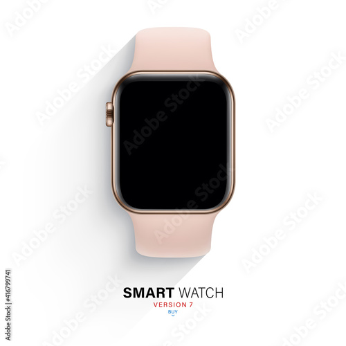 smart watch in stainless steel case with silicone band top view isolated on white background. flat lay wrist clock gold color with a sports strap. stock vector illustration