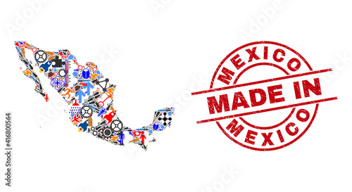 Technical Mexico map mosaic and MADE IN scratched rubber stamp. Mexico map collage formed with wrenches, gearwheels, tools, elements, transports, electric sparks, details.